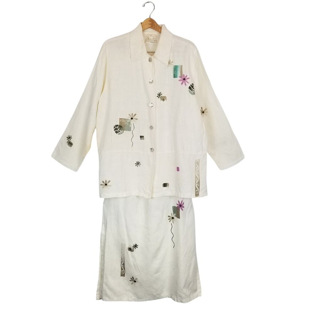 Play Alegre Hand Painted Linen Art To Wear Skirt Jacket Set Cream Size M/L
